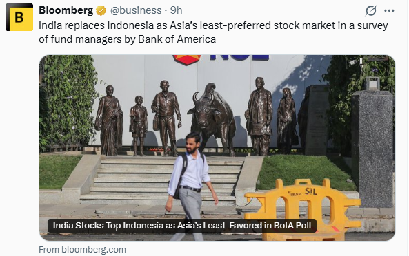 ReLearnFinance1's tweet photo. India has just replaced Indonesia as Asia's least-preferred stock market among fund managers.

But what exactly brought us here?

 🇮🇳 High valuations?
📉 Weak earnings?
💰 Foreign outflows?
📊 Better opportunities elsewhere?
🤔 Or something else?

What do you think? https://t.co/fBMAlsfQPU
