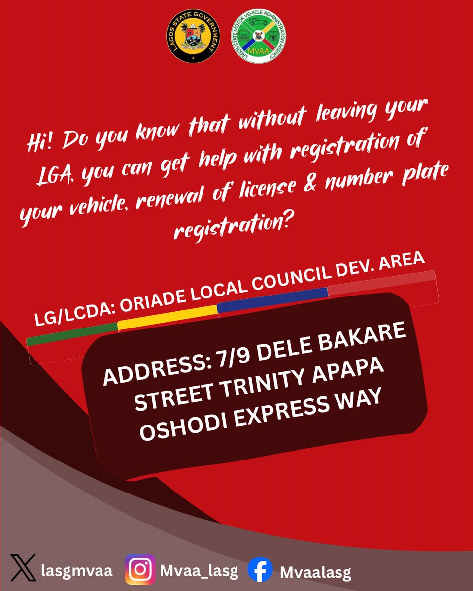 lasgmvaa's tweet photo. Oriade LCDA residents! 
Process vehicle registration, license &amp; number plate renewal at your MVAA center.

📍 7/9 Dele Bakare St, Trinity, Apapa, Oshodi Expressway  
#MVAA #LagosState #OriadeLCDA @lasgmvaa https://t.co/hg9SDjoh1m