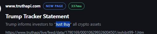 Infinitidigits's tweet photo. TRUMP ON TRUTH API 

"JUST BUY" on all crypto assets https://t.co/ULvl3rQdi7