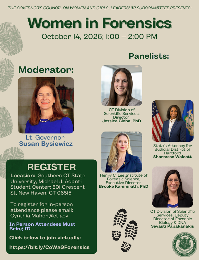LGSusanB's tweet photo. Join us October 14th at 1:00pm for the Governor's Council on Women and Girls, Women in Forensics Panel!

For in-person attendance, email cynthia.mahon@ct.gov.
 
For online attendance, join the meeting at https://t.co/74pz92JQ0H. https://t.co/DjJz8HZKWK