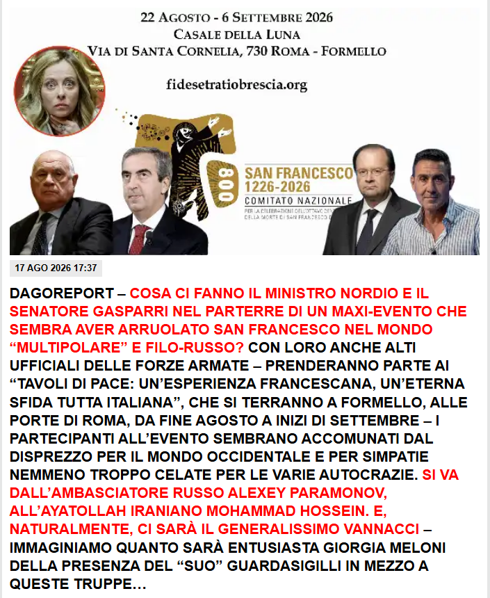 ilario82's tweet photo. Il "maxi-evento" filorusso denunciato da Dagospia gode del patrocino del Comitato nazionale per l'ottavo centenario di San Francesco, istituito con decreto del governo italiano. L'iniziativa imbarazza anche la Santa Sede. Il programma infatti arruola anche due "ministri" vaticani: Gallagher (Esteri) e Koovakad (Dialogo interreligioso).