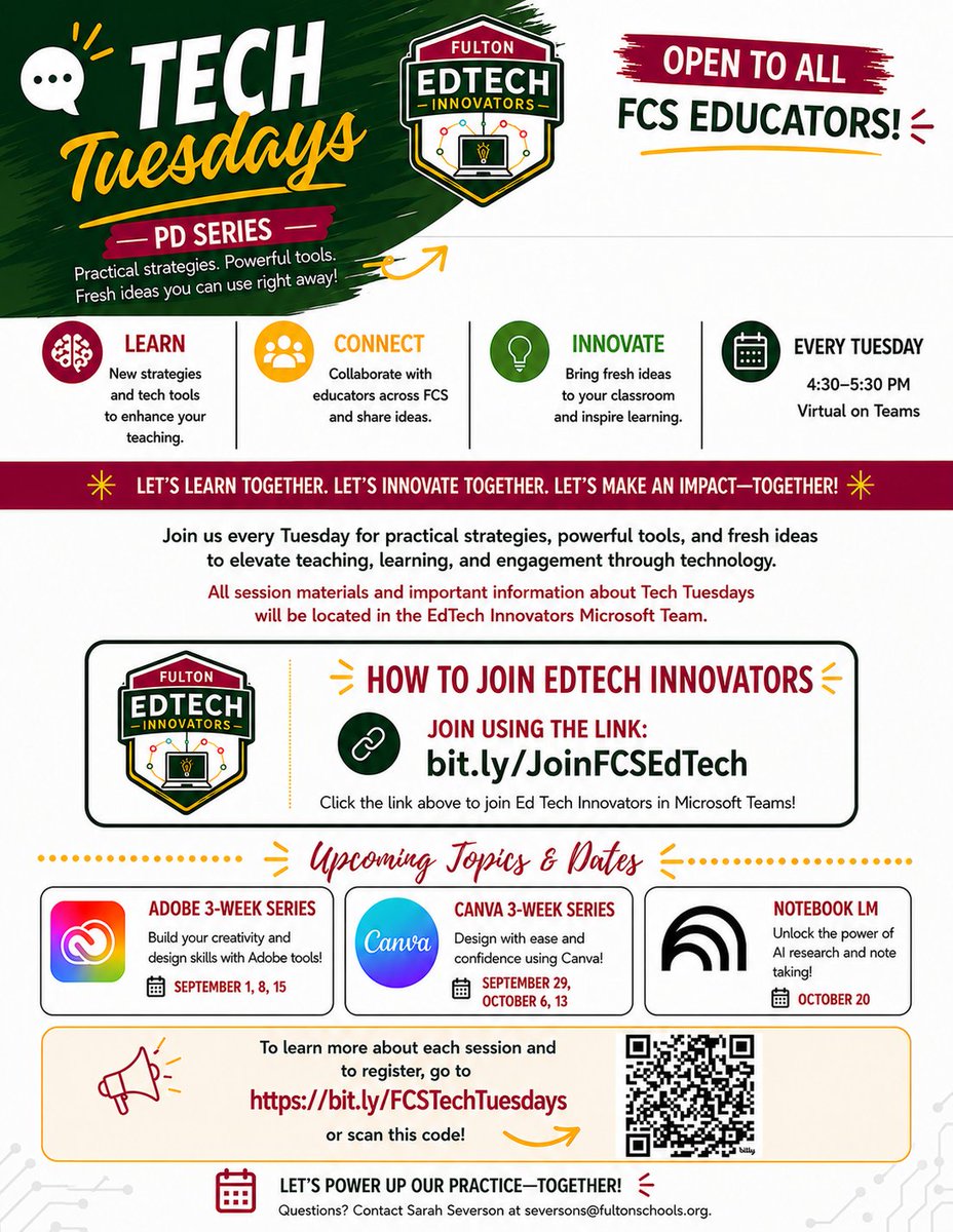 FCS_InstrTech's tweet photo. 🚀 Tech Tuesdays are right around the corner! 💻✨

Starting September 1, join FCS EdTech Innovators every Tuesday from 4:30–5:30 p.m. for powerful tools, practical strategies, and fresh ideas you can use right away! 🙌

Register today! @FultonCoSchools https://t.co/ndoNtrqAgt
