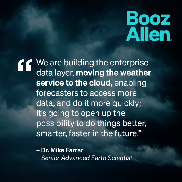 rccrowe1's tweet photo. Hear how #BoozAllen is enabling future AI applications, faster access to data, and better decision making through a cloud-based data foundation from Dr. Mike Farrar, Senior Advanced Earth Scientist at Booz Allen on the Weather Geeks podcast. Listen: https://t.co/5ASQ1i7L6o https://t.co/ZwrbfsGi0S