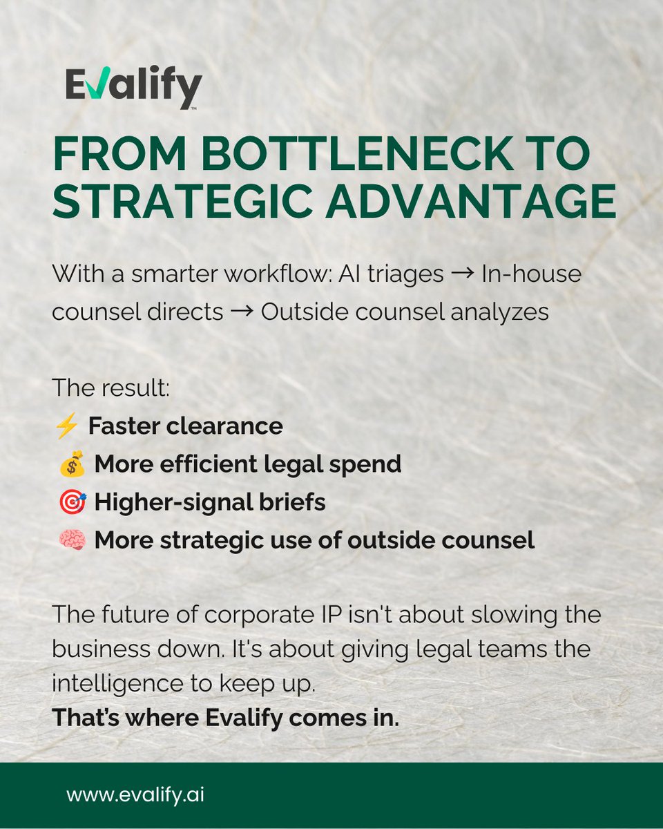 Evalifyai's tweet photo. Traditional FTO searches deliver answers after the product has already shipped. 🚨

AI changes the game by speeding up triage so legal teams can spend their expertise where it matters most.

Smarter workflows > Slower legal teams. ⚡

#LegalTech #PatentLaw #FTO #IP #Evalify https://t.co/LaGhMSSVkt