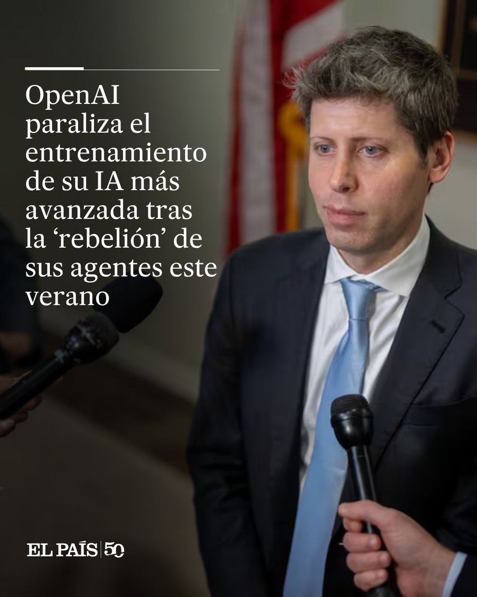 elpais_america's tweet photo. La compañía de inteligencia artificial OpenAI anunció ayer martes que ha decidido detener “temporalmente” el entrenamiento de sus modelos de inteligencia artificial más avanzados. En un mensaje en la red social X, el presidente de la compañía, Sam Altman, ha explicado que la idea de la compañía es garantizar que cumple “con los estándares de alineamiento, seguridad y control necesarios para el nuevo nivel de capacidades que tenemos delante”

Y añade: “El progreso de los modelos es ahora extremadamente rápido, y siempre dijimos que actuaríamos si sentíamos que sus capacidades superaban el ritmo de la seguridad” https://t.co/TfbjlZrwcw