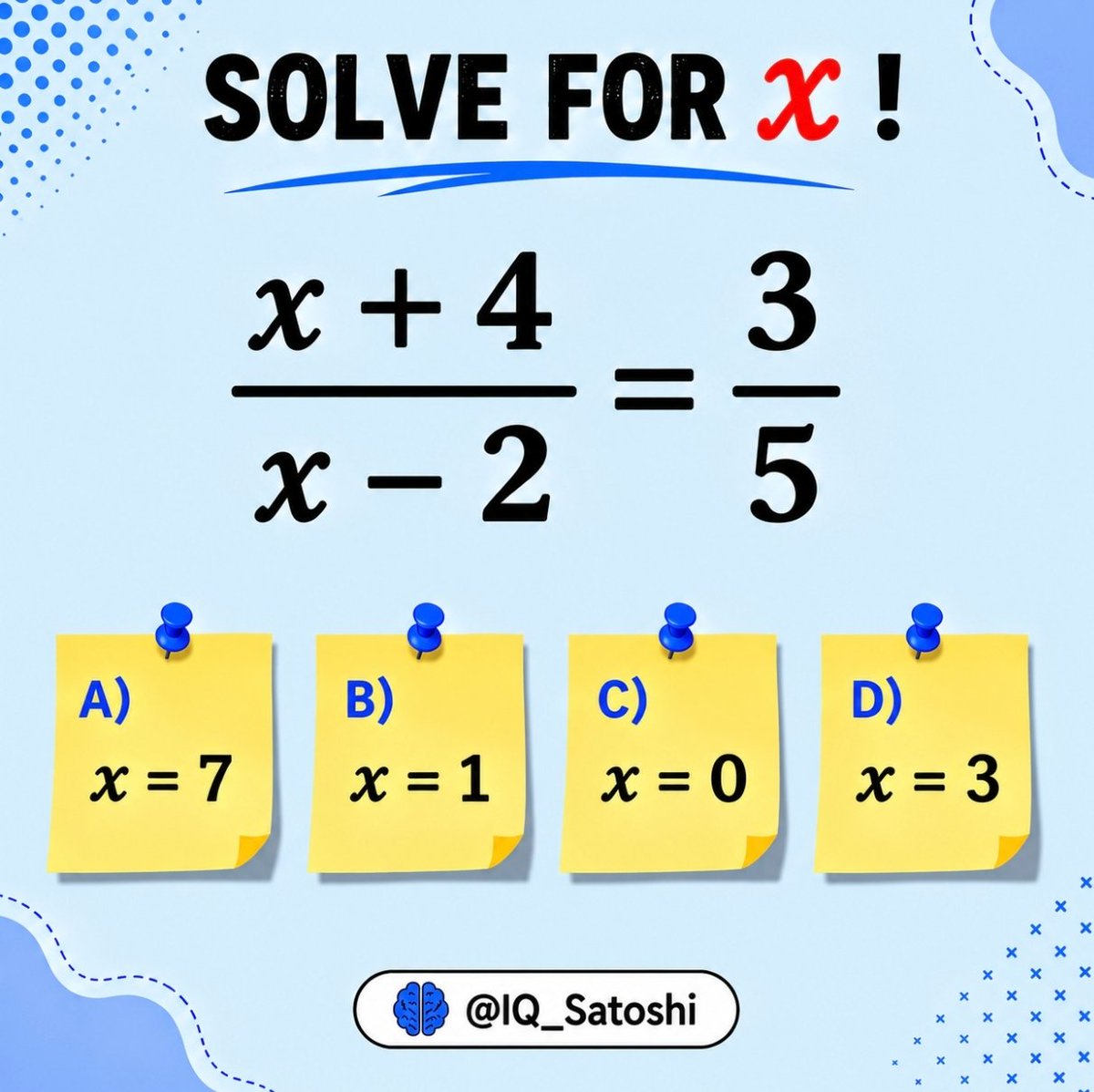 IQ_Satoshi's tweet photo. Fractions make this one look harder than it is!

 Simplify the equation step by step and find the value of x. 🔢 https://t.co/wQJF0uSh8H