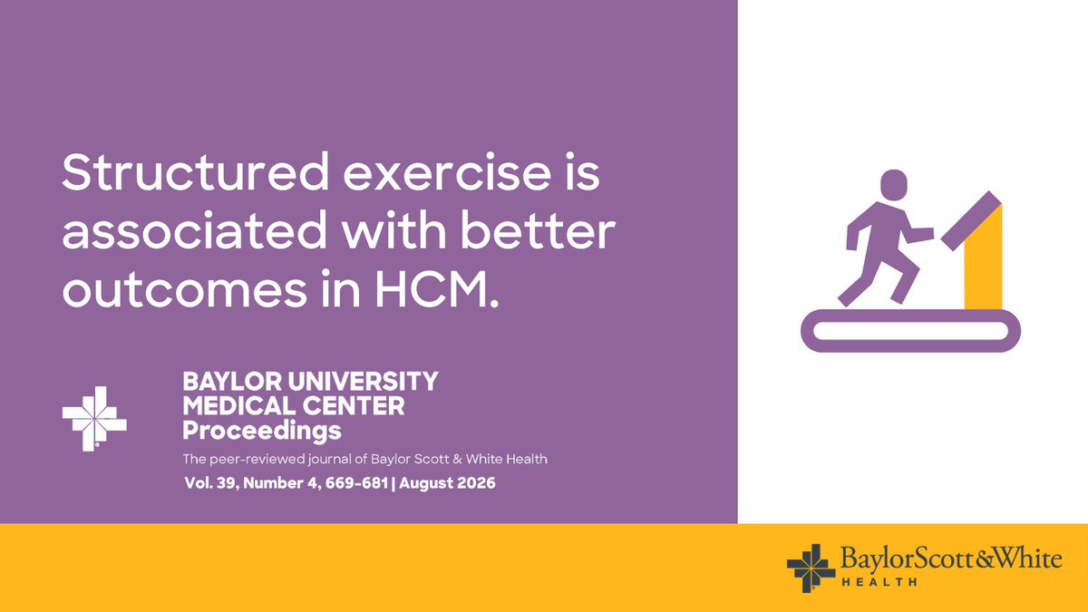 bswhealth_MED's tweet photo. Avoid exercise or prescribe it? In HCM, structured exercise was associated with better outcomes and no added safety signal. Long-standing guidance may be evolving.
Learn more: https://t.co/OUmKR5QzNb  #Cardiology https://t.co/N6b0zUpcSM