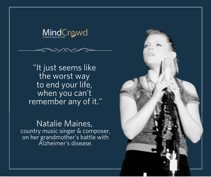TGenMINDCROWD's tweet photo. Behind every scientific effort is a deeply personal story. 💬🧬

Natalie Maines' powerful words about her grandmother reflect the shared grief of millions watching a loved one face memory loss. We are dedicated to changing that future.

Participate in memory research at https://t.co/hnD63FZvig 👨🏻‍💻👇
#countrymusic #NatalieMaines #WorldAlzheimersMonth