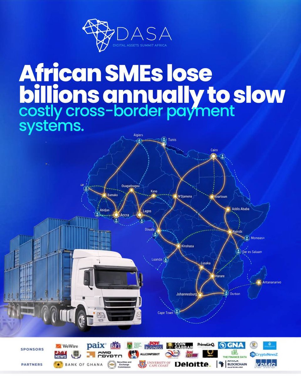 DASASummit's tweet photo. African SMEs lose billions to slow, costly cross-border payments.
Stablecoins are fixing this NOW:
⚡ Near-instant settlement
💰 Fees <0.5%
📈 Smart contracts

See live solutions in Accra.
📍 #DASA2026 | Sept 16–17
🔗 https://t.co/14PpScrptV

#Fintech #Stablecoin #Africa https://t.co/EHgfC9loQx