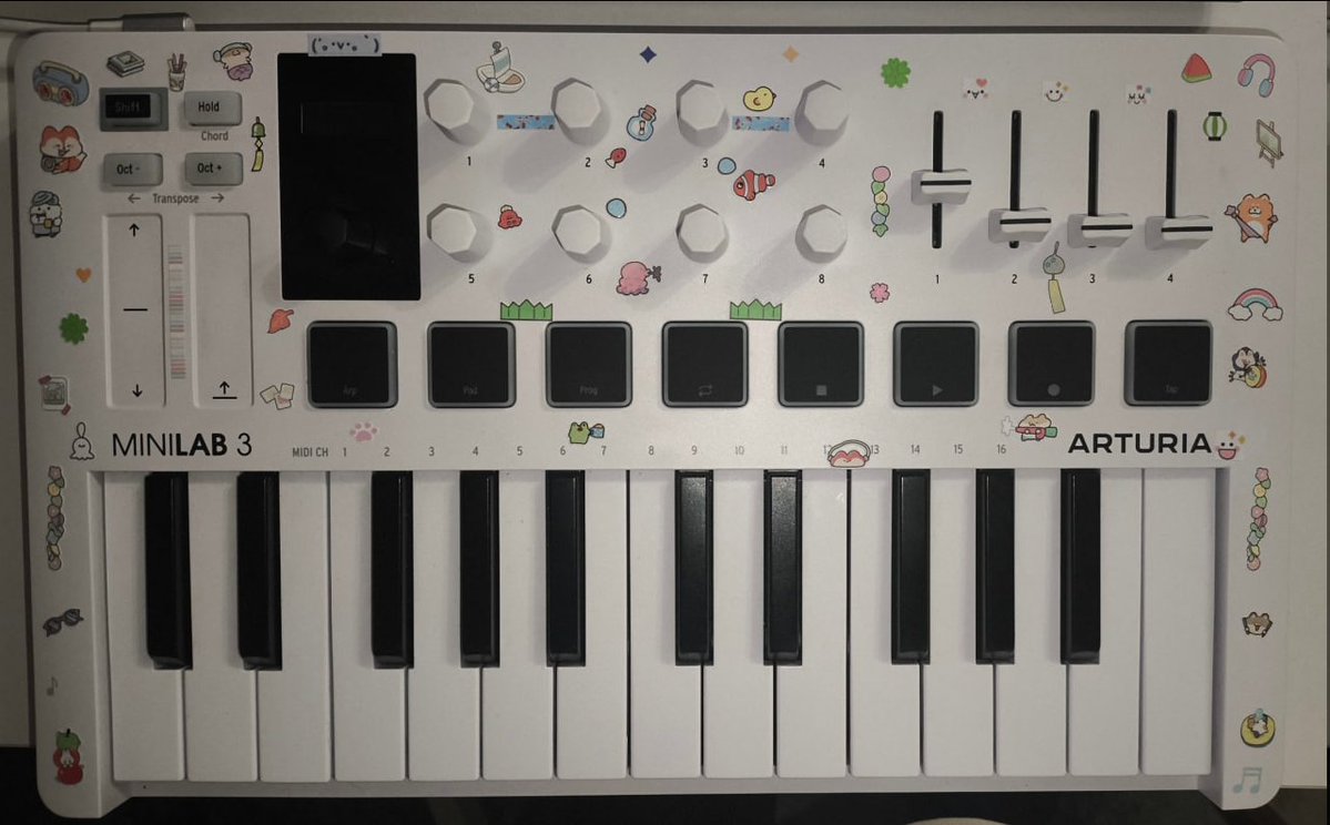 pupicon's tweet photo. Okay i was super bored this night and slapped a bunch of stickers on my midi keyboard lol https://t.co/jyl6X6aL4G