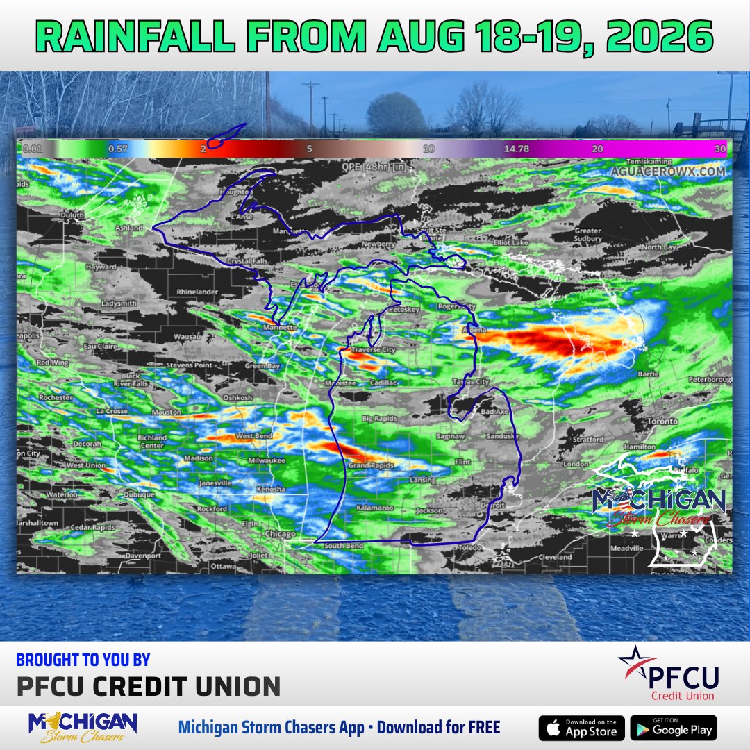 MiStormChasers's tweet photo. Rainfall! Much needed for some areas, while others got denied. To make it easy to read, here is what each color means.

Black (background) - No Rain
Gray - 0.01-0.1"
Green - 0.1-0.49"
Blue - 0.5-0.99"
Yellow-Red - 1-3"+

This will help the drought monitor for a few locations in next week's release. Tomorrow's drought monitor update, however, will likely show more areas of drought forming since data was calculated yesterday.

Post as of 1 pm EDT 8/19/26.

-- Trusted Partner of the Day --
PFCU Credit Union | Just like we’re out here tracking storms across Michigan, PFCU is helping local families and businesses stay financially steady throughout every season. They offer products and services for both personal and business members, along with financial wellness tools to help you build confidence and plan for what’s ahead.