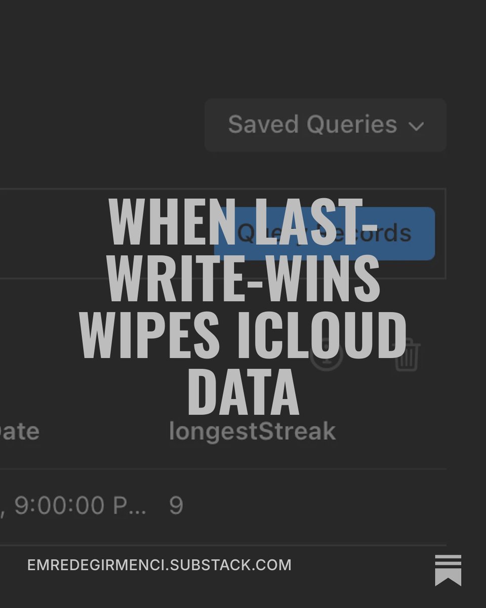 emrdgrmnci's tweet photo. CloudKit backed uninstalled iOS app should have restored data from iCloud. Last-write-wins on SQLiteData / CKSyncEngine uploaded zeros instead, all the data gone.
How I stopped it:
https://t.co/ZbSrnfB15p
#icloud #cloudkit #iosdev #sqlitedata https://t.co/pg9uSe389U