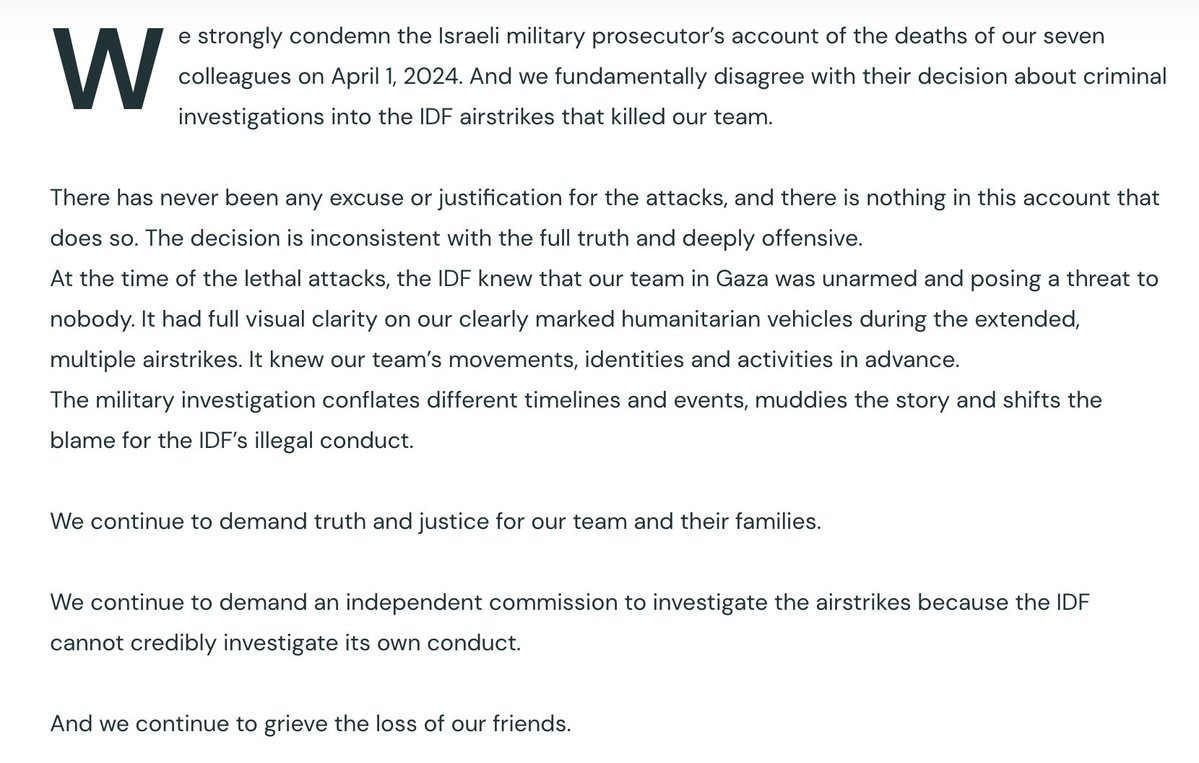 AdHaque110's tweet photo. "the IDF knew that our team in Gaza was unarmed and posing a threat to nobody. It had full visual clarity on our clearly marked humanitarian vehicles during the extended, multiple airstrikes. It knew our team’s movements, identities and activities in advance." https://t.co/RjnHh9dSFq