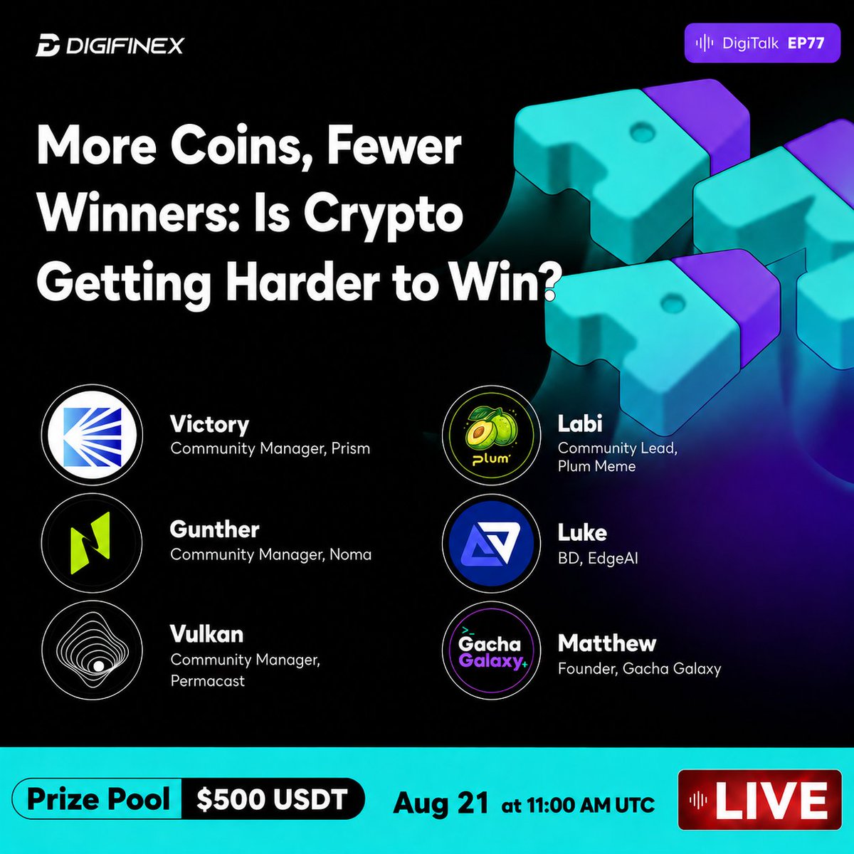 DigiFinex's tweet photo. More coins. Fewer winners. Is crypto getting harder to win?

Join DigiTalk EP77 with @PrismNetwork_io , @noma_network , @permacastapp , @plum_meme , @EdgeAI_xyz  &amp; @GachaGalaxyHQ on Aug 21, 11 AM UTC. Set a reminder: https://t.co/Bx77eux3kR

💰 Join to share a 500 USDT Prize Pool https://t.co/OwUtgTPiLQ