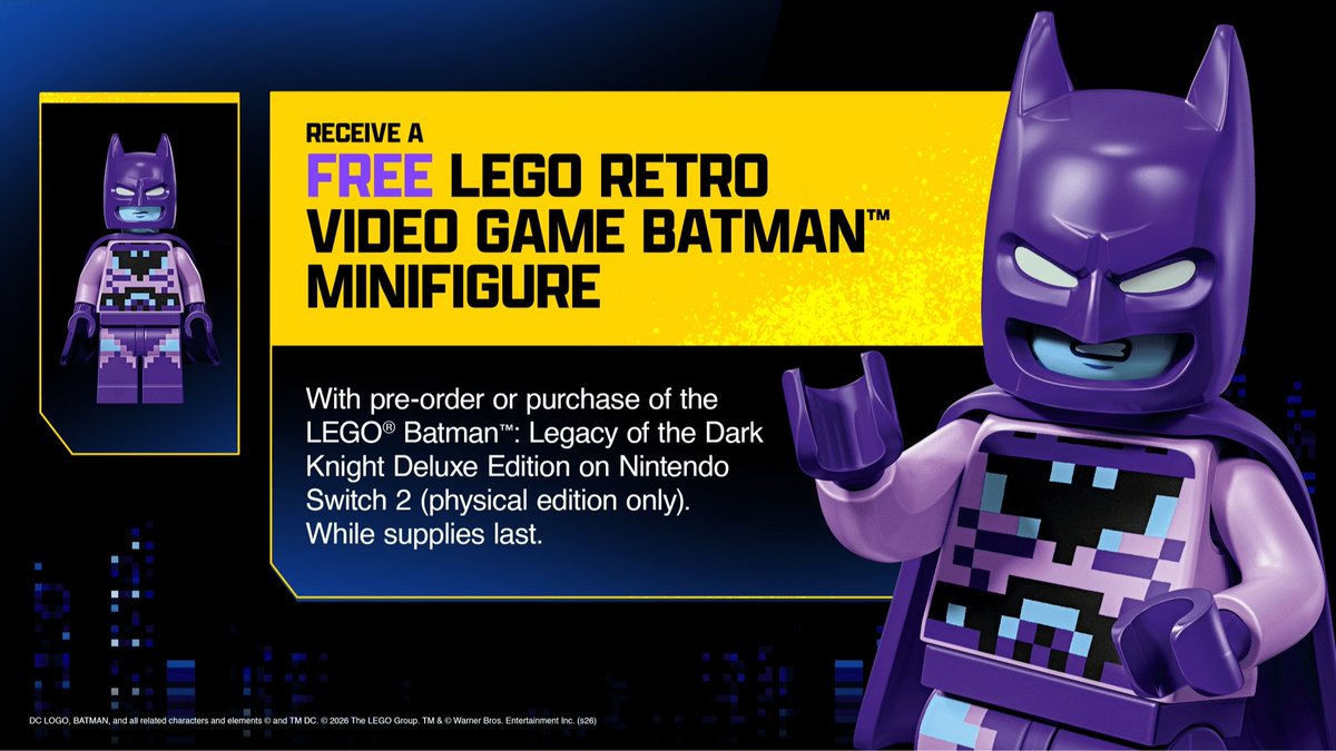 IGNDeals's tweet photo. LEGO Batman: Legacy of the Dark Knight Deluxe Edition for Nintendo Switch 2 is up for preorder again for $89.99, comes out September 18. Comes with an exclusive retro-inspired Batman minifig. #ad

Walmart: https://t.co/4LBSsINN6l
Target: https://t.co/PoViU0lVQV
GameStop: https://t.co/sc4LhqP0oF