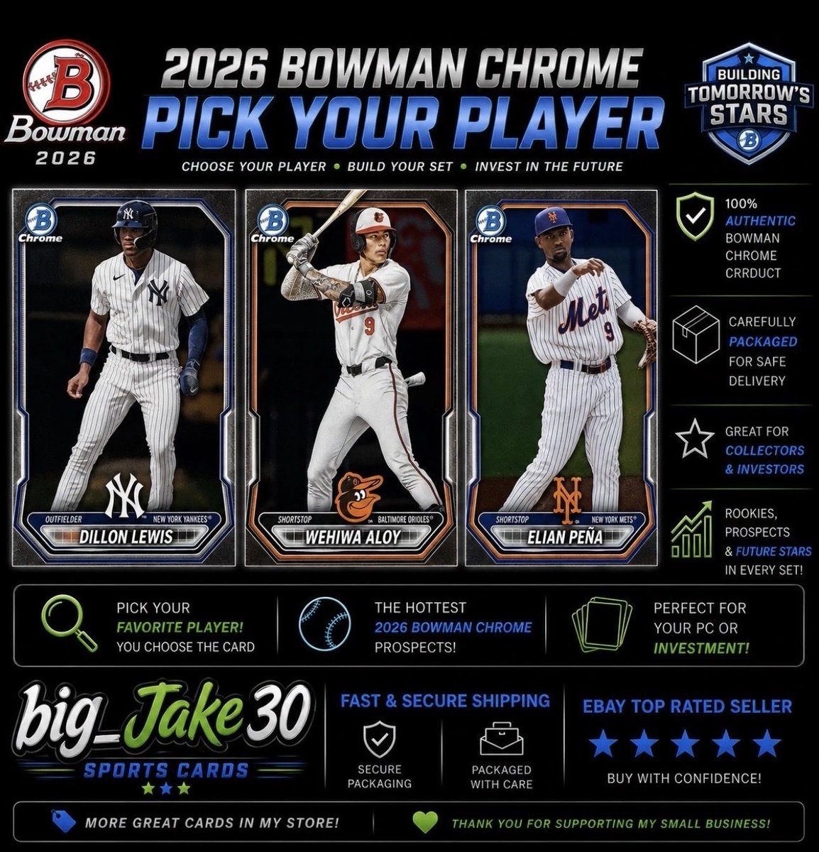 coby54357478's tweet photo. @Gbpoker0710 @tm1515152005 It’s Wednesday my dudes. Cheap bowman prospects up. Buy more save more. Shipping started at .78 cents every card .10 cents buy five or more get free shipping have a blesssed thank you for stopping in  day https://t.co/tH4gOg4UPq https://t.co/oHwILhTxo6