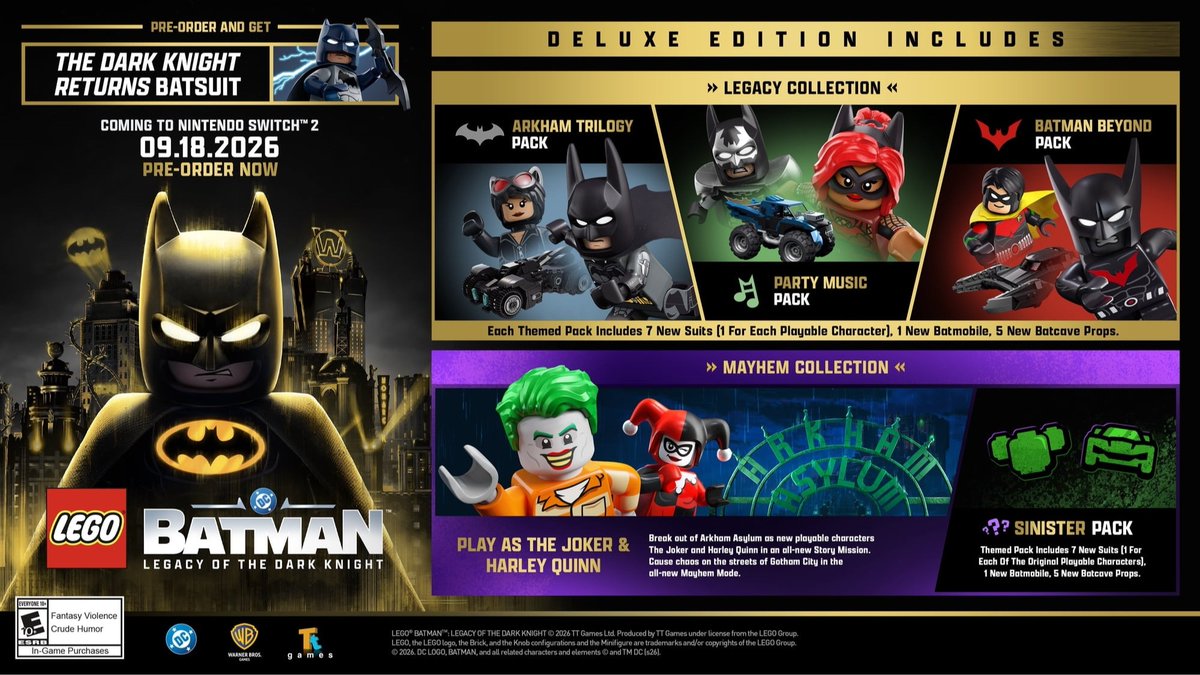 IGNDeals's tweet photo. LEGO Batman: Legacy of the Dark Knight Deluxe Edition for Nintendo Switch 2 is up for preorder again for $89.99, comes out September 18. Comes with an exclusive retro-inspired Batman minifig. #ad

Walmart: https://t.co/4LBSsINN6l
Target: https://t.co/PoViU0lVQV
GameStop: https://t.co/sc4LhqP0oF
