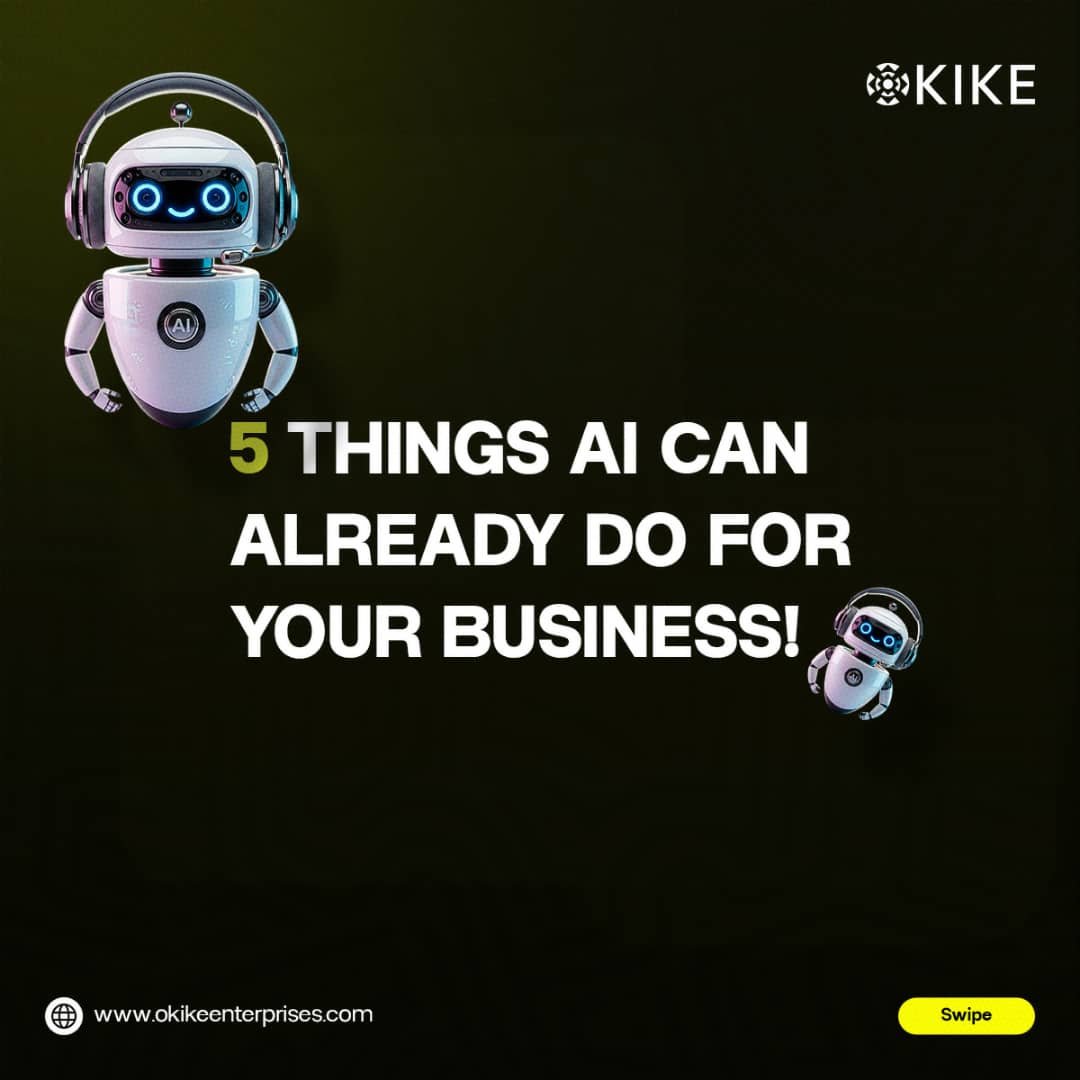 OKIKEENTERPRISE's tweet photo. AI is changing the way businesses work.
From customer support to marketing and data, here are 5 ways AI can help your business work smarter — with practical solutions from OKIKE Enterprises. 🧵 https://t.co/JqQRTfQrNW