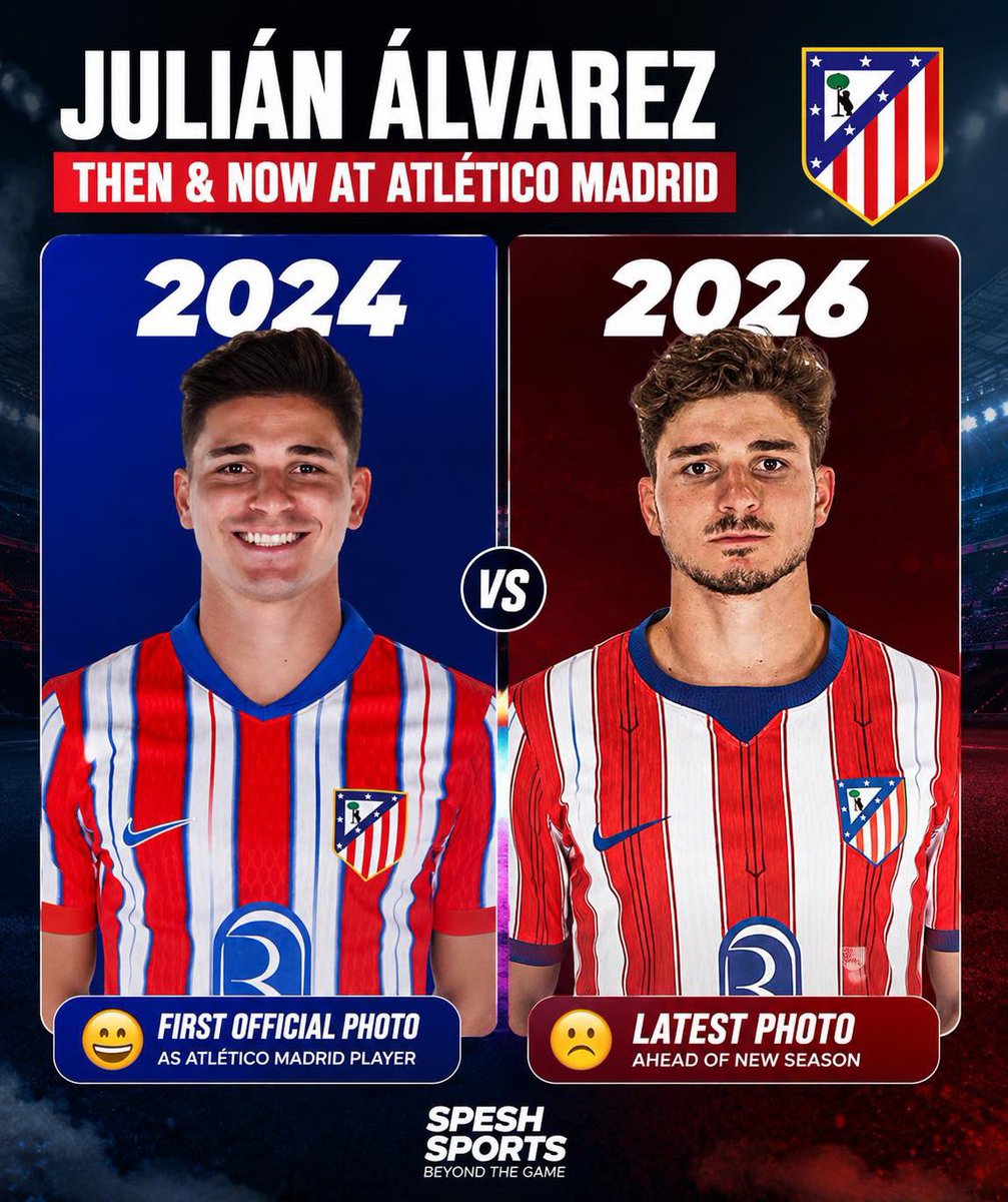 speshsports's tweet photo. ➡️ Julián Álvarez’s first official photo as an Atlético Madrid player.

➡️ Julián Álvarez’s latest photo ahead of the new Atlético Madrid season.

😁➡️🙁 https://t.co/QBxZ3eUTSL