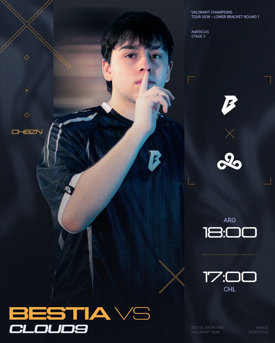 bestia_corp's tweet photo. VAMOS LOS KBROS, VAMOS NOSOTROS

🆚 @C9VAL 
⏰ 18:00 hs 🇦🇷🇺🇾🇧🇷 | 17:00 hs 🇨🇱 | 15:00 hs 🇺🇸 | 15:00 hs 🇲🇽

#VCTAmericas https://t.co/j8WkczPJvc