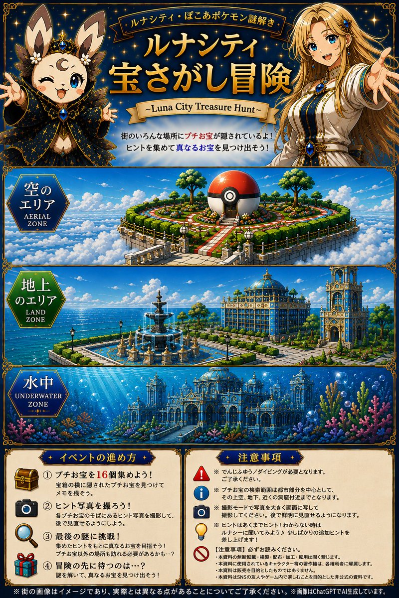 lunaluna1118's tweet photo. ぽこあポケモンの自作島で宝探し謎解き作ってみました！
クラウド島ではないのでパスワードから遊びに来ていただく必要がありますが、是非色々な方に体験して感想をいただきたいと思ってます🎵初めてこういうものを作ってみたので拙いところもありますが、宜しくお願いします♪
進行やヒント、質疑応答はDMやディスコードでやりとりできればと考えています。同時に3人まで参加可能です。
※初見だとクリアまでの目処は約3～4時間程度です。
※あくまで個人的な趣味であり、非営利な目的の企画となります。
※パンフレットはChatGPTにて生成されたものです。

興味ある方はお声がけ下さい♪

#ぽこあポケモン
#ぽこあポケモン謎解き
#ポケモン