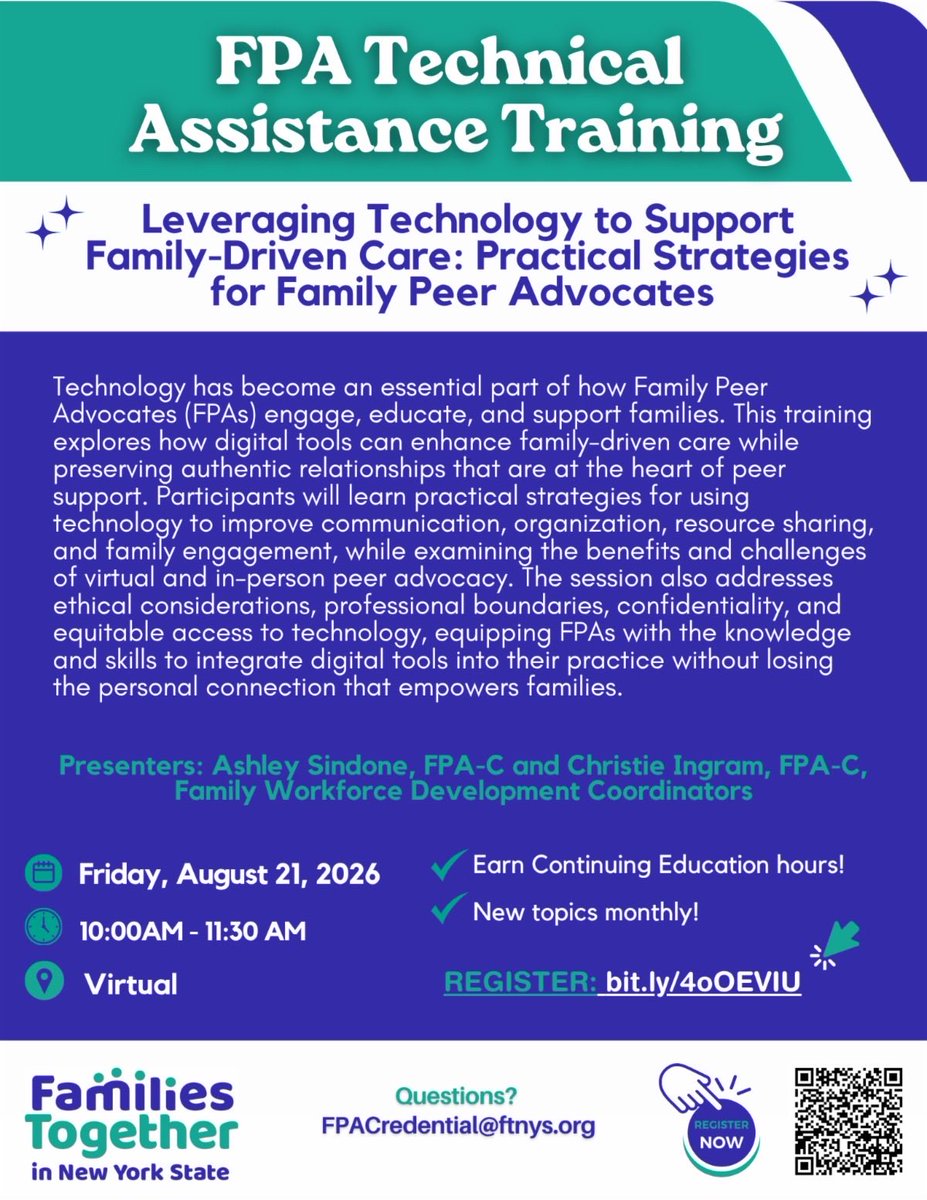 ftnys's tweet photo. Attention: Calling all Family Peer Advocates to join our monthly Technical Assistance Trainings, held every 3rd Friday of the month.

 For more: https://t.co/4fzwXRiFlL https://t.co/OBPdy2iQXE