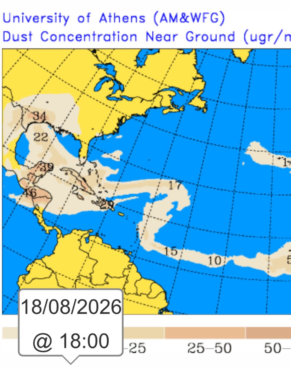 ClimaenGuate's tweet photo. Retorna el polvo del Sahara y disminuye probabilidad de lluvia en varios sectores del país. 

Alta presión mantendrá viento noreste acelerado con ráfagas como de fin de año, además de favorecer un intenso calentamiento en el norte, oriente y especialmente a lo largo del sur del país.

Remanentes de humedad de la onda tropical podrían favorecer lluvias y tormentas en la bocacosta y suroccidente, algunas muy intensas. 

Se mantiene potencial de lluvias en Izabal, Alta Verapaz y Franja Transversal del norte así como sectores de Petén, como es común del Niño. La mayoría de municipios de estos sectores no sufren sequía, al contrario, podrían darse lluvias superiores a lo normal. 

Mañana se esperan condiciones aún más secas.

Atentos