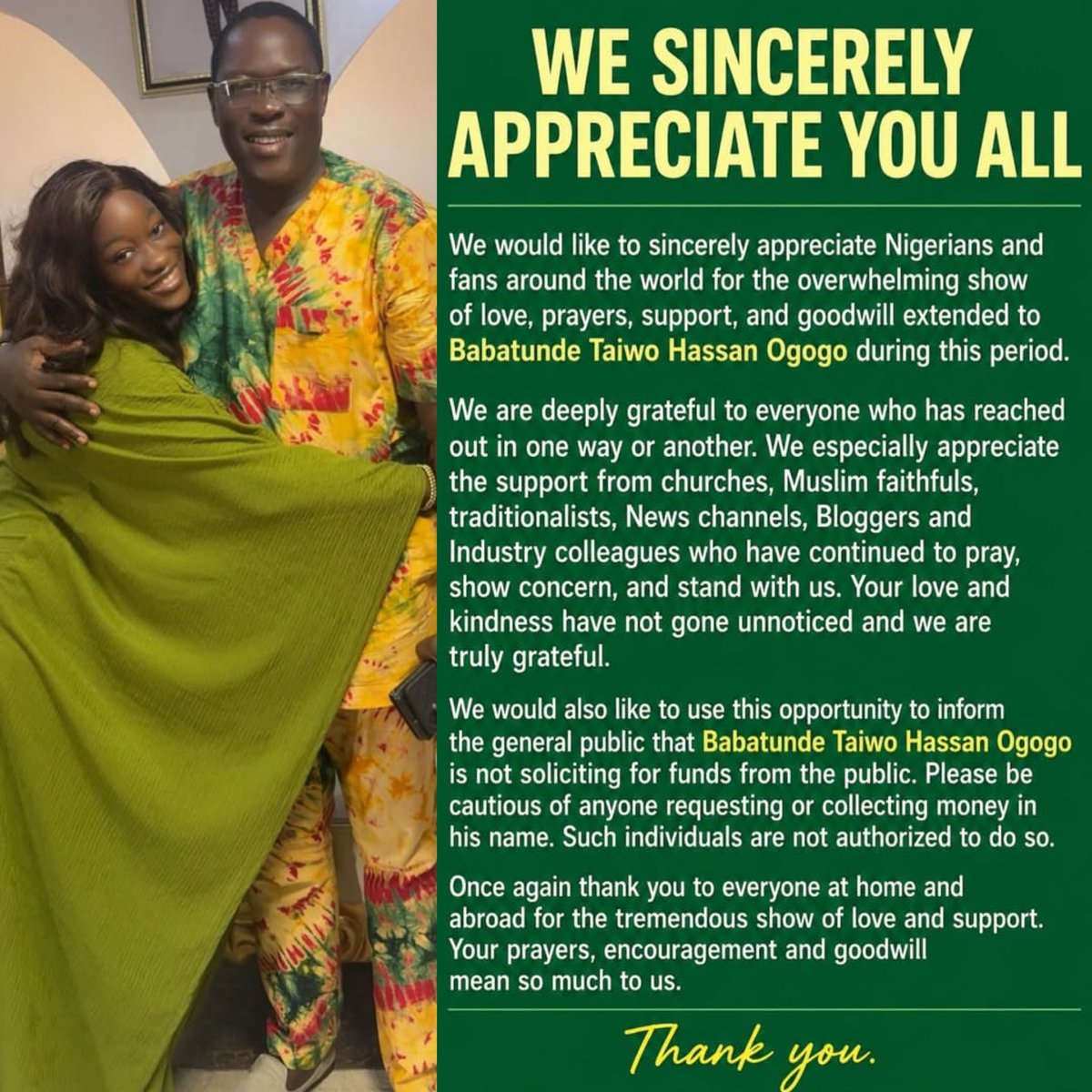 yorubahood1's tweet photo. FROM: Kira Taiwo Ogogo’s daughter! 

Thank you for the love and prayers over our daddy. We do not take any of it for granted.. especially everyone that has reached out to us one way or the other.

Olorun a gbadura gbogbo wa
But please We are not begging for public funds!

Kindly continue with your prayers please