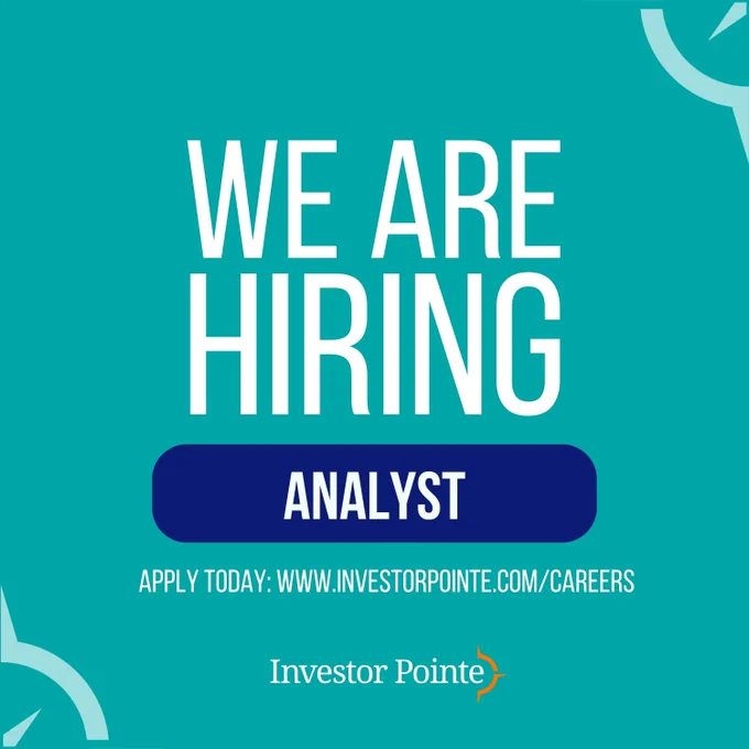 Investor Pointe "We are hiring" banner for an Analyst position. Apply today: www.investorpointe.com/careers