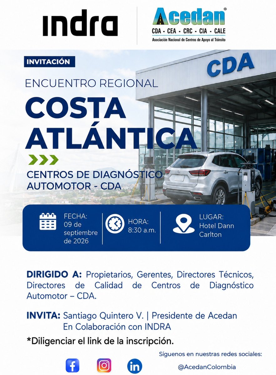 ACEDANColombia's tweet photo. 📢 ¡Costa Atlántica! 
@ACEDAN invita a los Centros de Diagnóstico Automotor de la región a nuestro Encuentro Regional.
📅 9 de septiembre 
🕣 8:30 a. m.
📍 Hotel Dann Carlton

🔗 Regístrate: https://t.co/uEmvfHf8M9 https://t.co/iidsO3k2hh