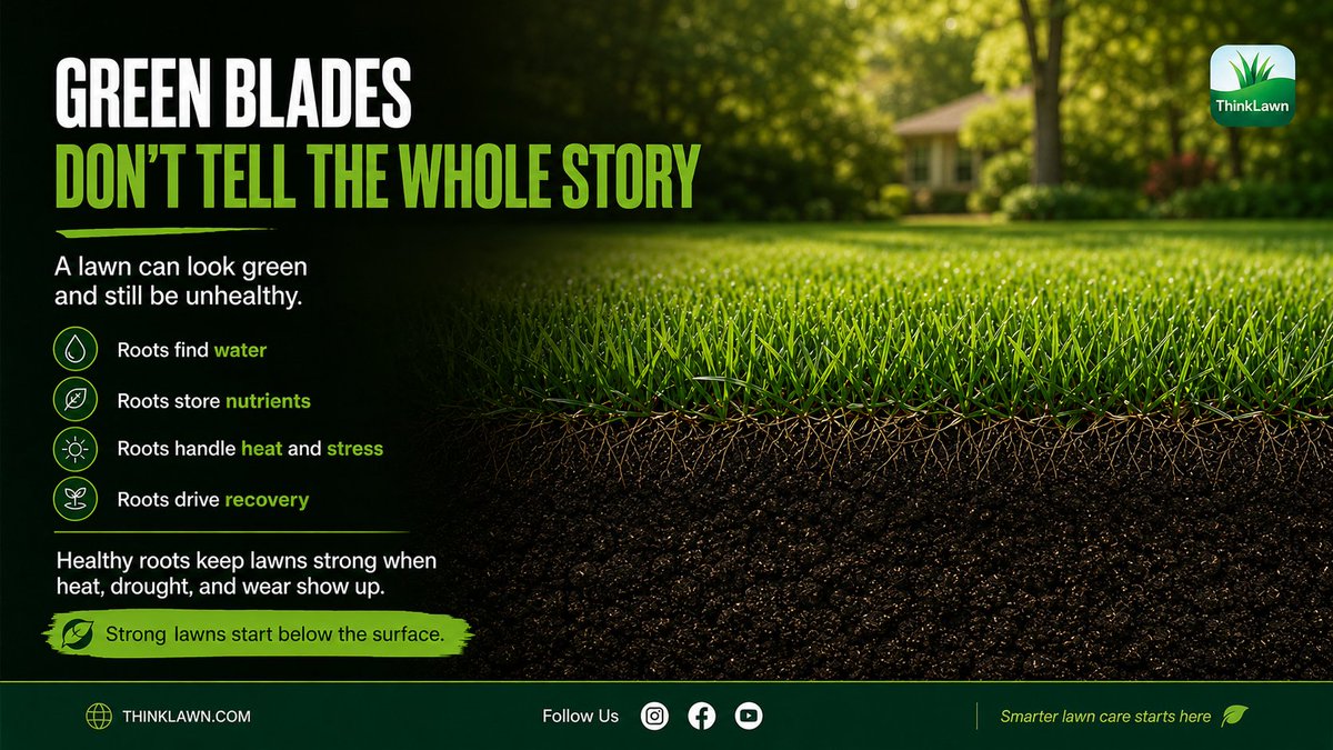 ThinkLawnAI's tweet photo. A lawn can have green blades and still be unhealthy.

• Roots find water
• Roots store nutrients
• Roots handle stress
• Roots drive recovery

Healthy roots keep lawns strong when heat, drought, and wear show up.

#LawnCare #SoilHealth #HealthyLawn #GrassCare #ThinkLawn https://t.co/lHxSbq7MVD