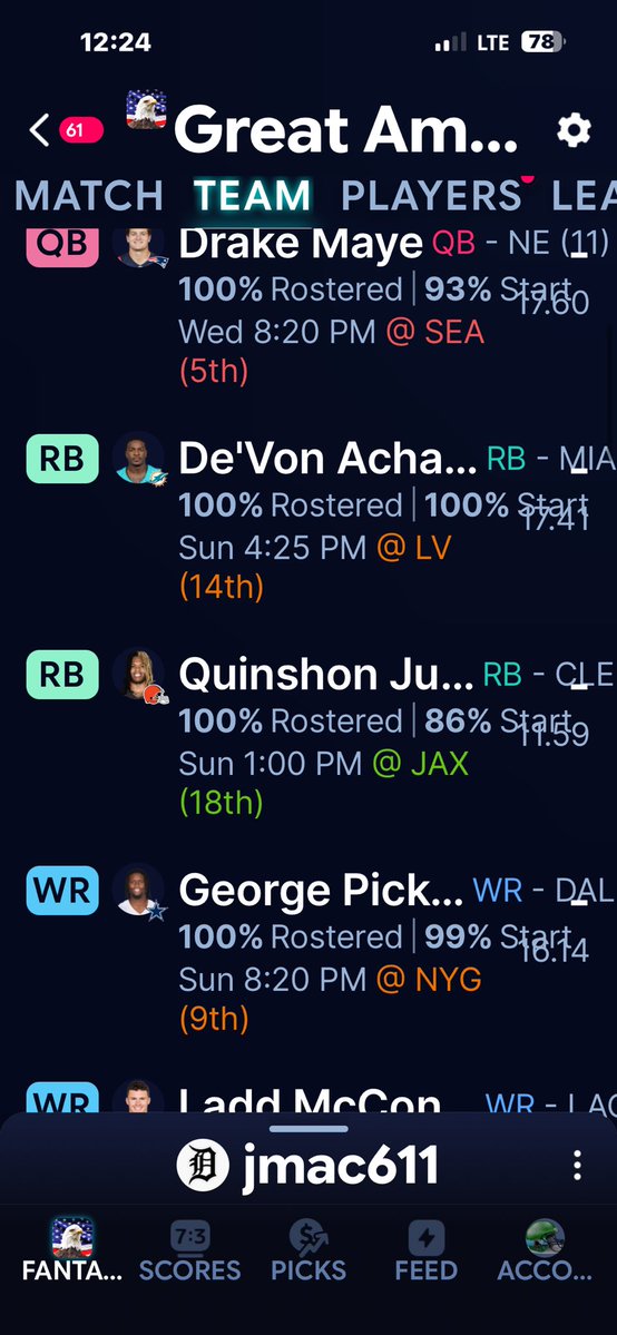 Friz26's tweet photo. @NFLRoughDraft @JakobSanderson Plus I have wandale Rob, doubs, Travis Hunter on bench. Need to start 3 wr https://t.co/6PVC8x8AgF