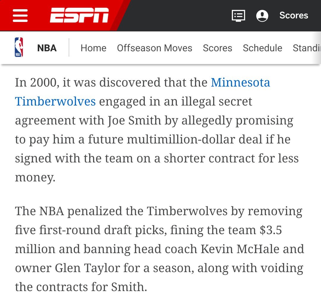 velodus's tweet photo. It's pretty incredible to look back at how much the NBA punished the Timberwolves when they caught them circumventing the salary cap in 2000. Steve Ballmer could go on a killing spree and the NBA probably wouldn't punish the Clippers half this much. https://t.co/jMgWhRLHmE
