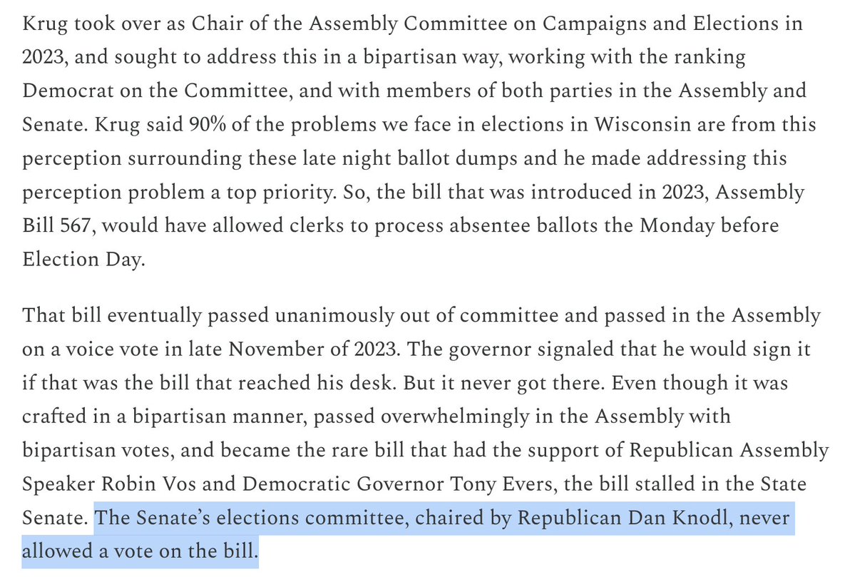 DanRShafer's tweet photo. Ahead of the '24 election, Republican State Rep. Scott Krug, then the chair of the Assembly’s elections committee, went to Florida to learn about their process. He then helped lead the Assembly to pass a bill adopting Florida's early count.

Republicans blocked it in the Senate. https://t.co/pc75C97wOX