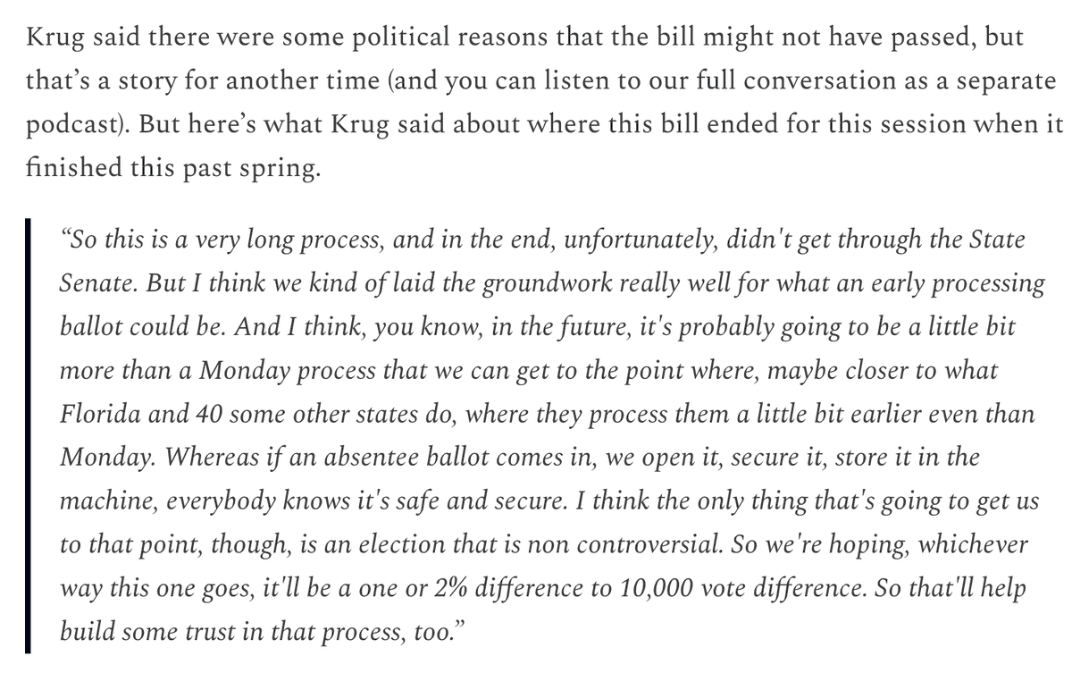 DanRShafer's tweet photo. Ahead of the '24 election, Republican State Rep. Scott Krug, then the chair of the Assembly’s elections committee, went to Florida to learn about their process. He then helped lead the Assembly to pass a bill adopting Florida's early count.

Republicans blocked it in the Senate. https://t.co/pc75C97wOX