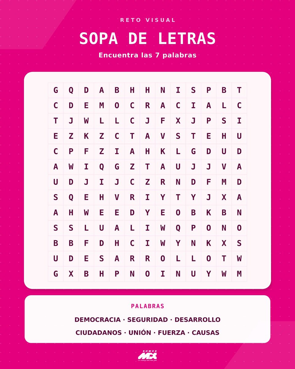 SomosmxMH's tweet photo. ⚠️ Advertencia: cuando encuentres la primera, vas a querer encontrar las siete. 👀🧠

Vamos a jugar un rato: escondimos 7 palabras en esta sopa de letras. 🔎

¿Puedes encontrarlas todas? 😏

¿Cuál fue la última que encontraste? 👇

#SomosMX #Reto https://t.co/QeJPYoYNRl