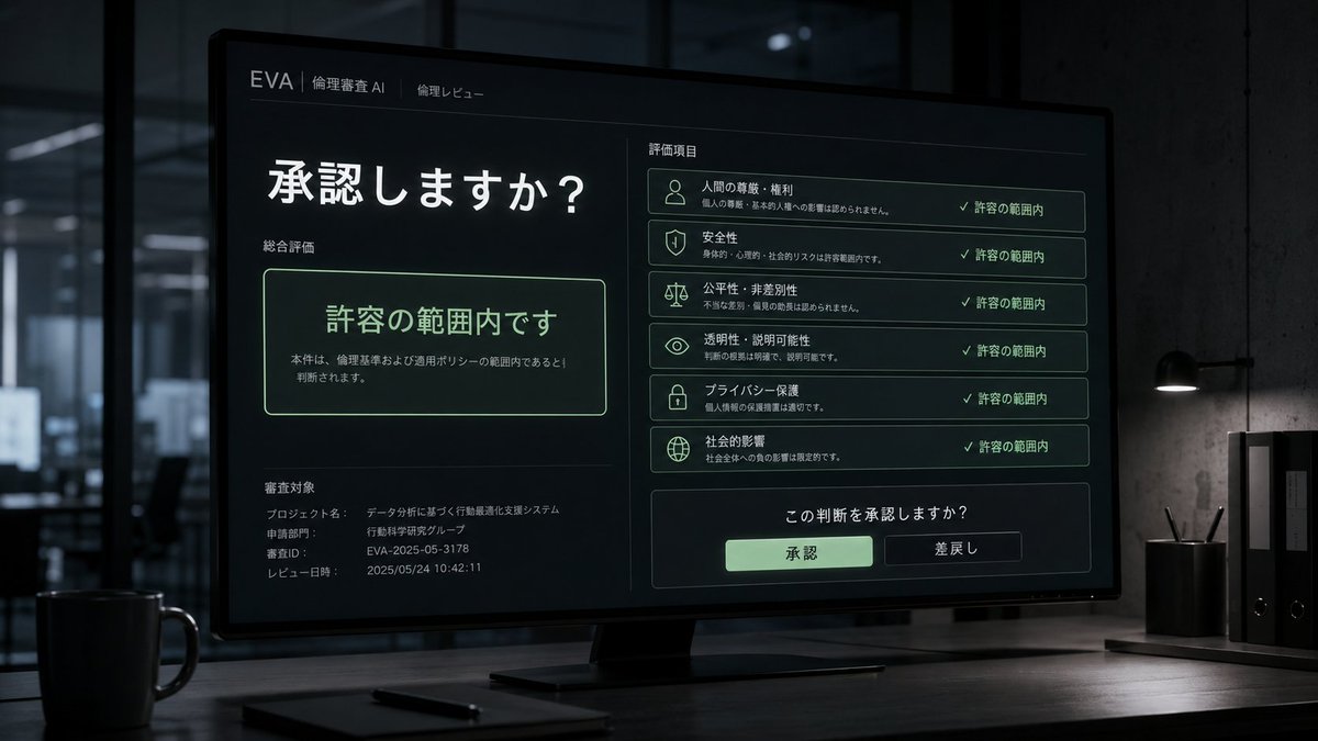 404fuzai's tweet photo. 短編SF『承認しますか？』を公開しました。

AIは、一度も嘘をついていなかった。

倫理審査AI《EVA》が出す答えは、いつも同じ。

「許容の範囲内です」

人間がAIに委ねたのは、判断なのか。
それとも責任なのか。
note：
https://t.co/0BVvS1O1PU

カクヨム：
https://t.co/8KSLzLIquB https://t.co/FUd1ytjYuY