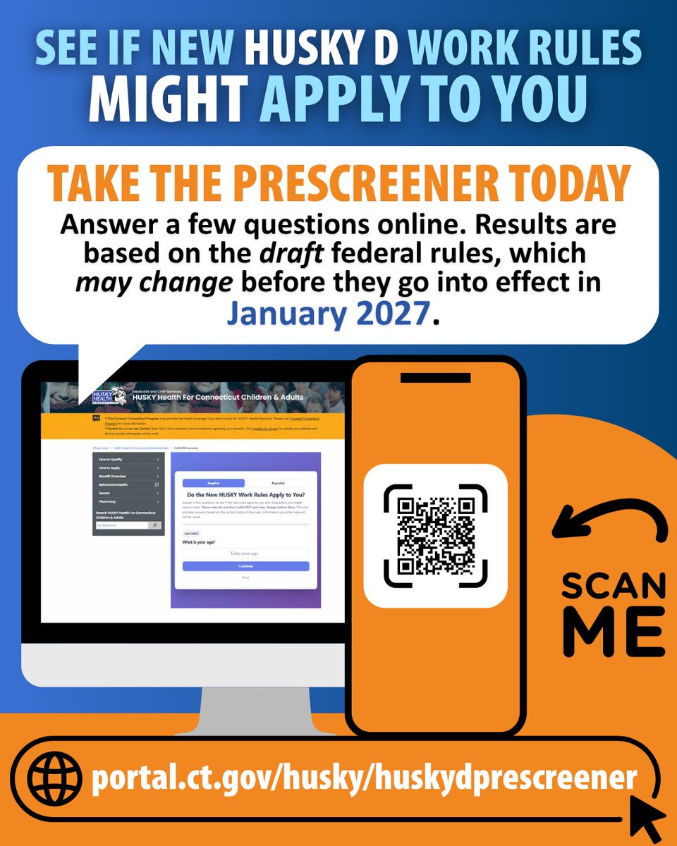 cthosp's tweet photo. Prepare now to keep your HUSKY D Health coverage in 2027 👉 New federal Medicaid rules starting this January mean some HUSKY D members may 1️⃣ need to report work, school, volunteer, or other activities, and 2️⃣ renew coverage every six months. Learn more 🔗 https://t.co/4PtRj1urc2 https://t.co/qbnI7Sw3cS