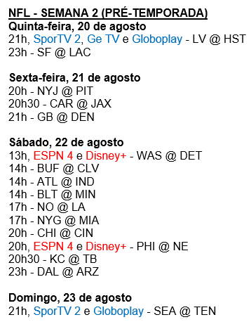 oQuarterback's tweet photo. Amanhã começa a Semana 2 da pré-temporada NFL. Aqui está a lista de jogos e transmissões. Ao todo, serão quatro jogos transmitidos pela televisão. Lembrando que todas as partidas estão disponíveis de graça pelo NFL Game Pass. https://t.co/0QwiQMiTzt