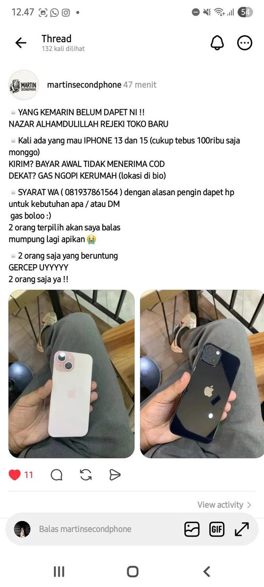 iniila28's tweet photo. ‼️ GUA HABIS KENA PENIPUAN GIVEAWAY BODONG DI THREADS‼️

Jadi 16 agustus kemarin gua liat2 postingan penipu ini di threads. Postingannya meyakinkan karena dia bawa2 lafadz islam lah di postingannya, dalem hati gua meyakinkan ni kayaknya. Tapi kok komennya sepi ya...
Lanjut👇 https://t.co/lGQzrklPmF
