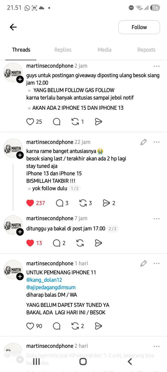iniila28's tweet photo. ‼️ GUA HABIS KENA PENIPUAN GIVEAWAY BODONG DI THREADS‼️

Jadi 16 agustus kemarin gua liat2 postingan penipu ini di threads. Postingannya meyakinkan karena dia bawa2 lafadz islam lah di postingannya, dalem hati gua meyakinkan ni kayaknya. Tapi kok komennya sepi ya...
Lanjut👇 https://t.co/lGQzrklPmF