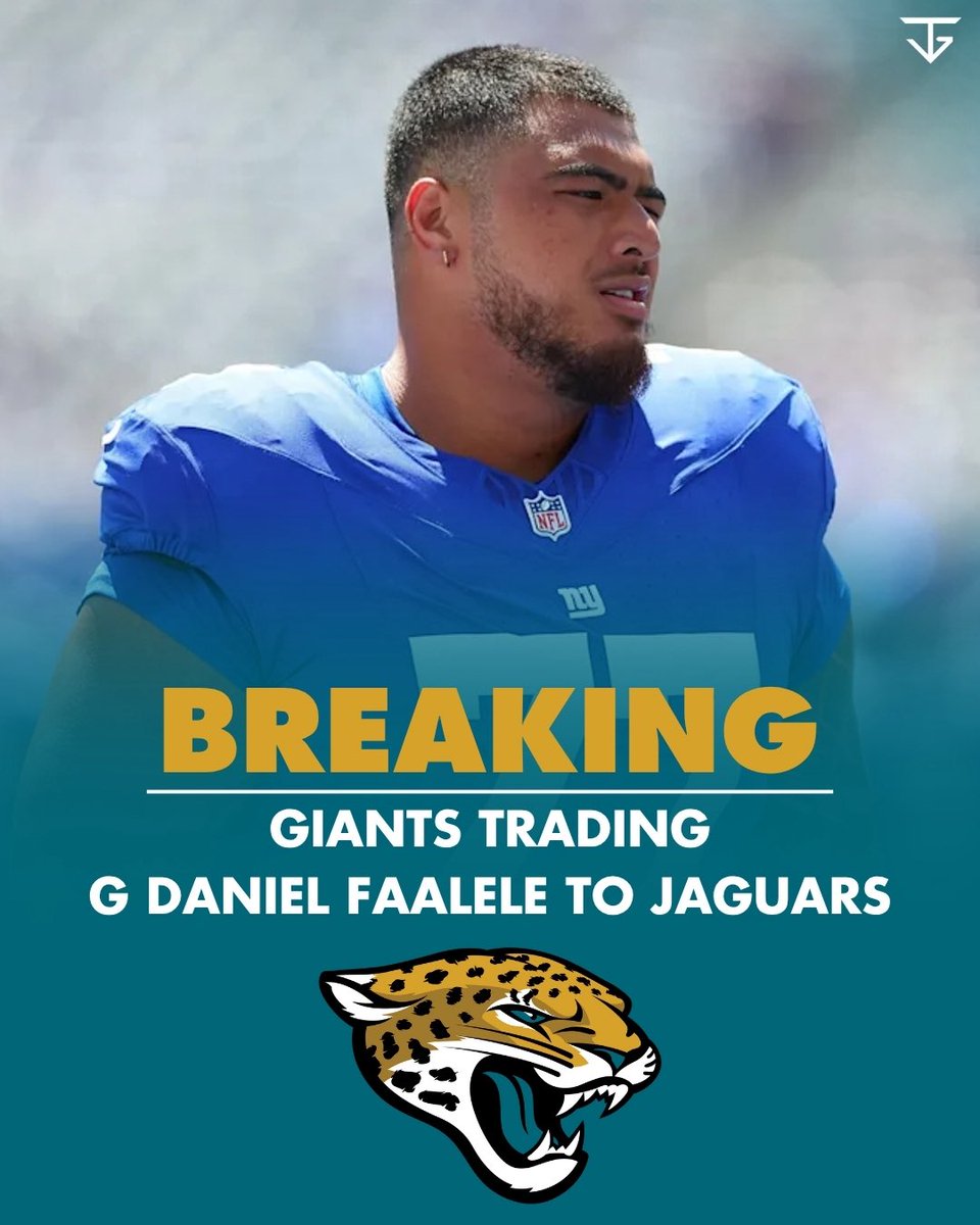 flaccodicaprio's tweet photo. The New York #Giants are trading G Daniel Faalele to the Jacksonville #Jaguars in exchange for a 2027 sixth-round pick. 

Faalele played for Giants HC John Harbaugh back in Baltimore and followed him to New York, but he’ll now be playing in Jacksonville. https://t.co/mWUlNDW28q