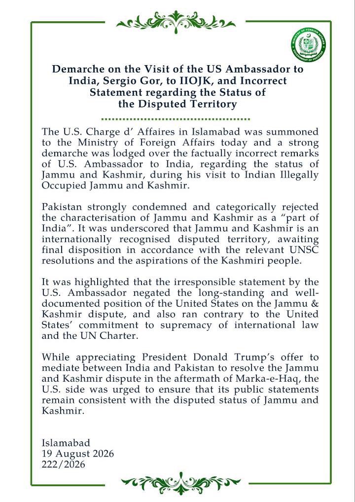 BREAKING: Pakistan Protests U.S. Diplomat's Remarks on Jammu & Kashmir