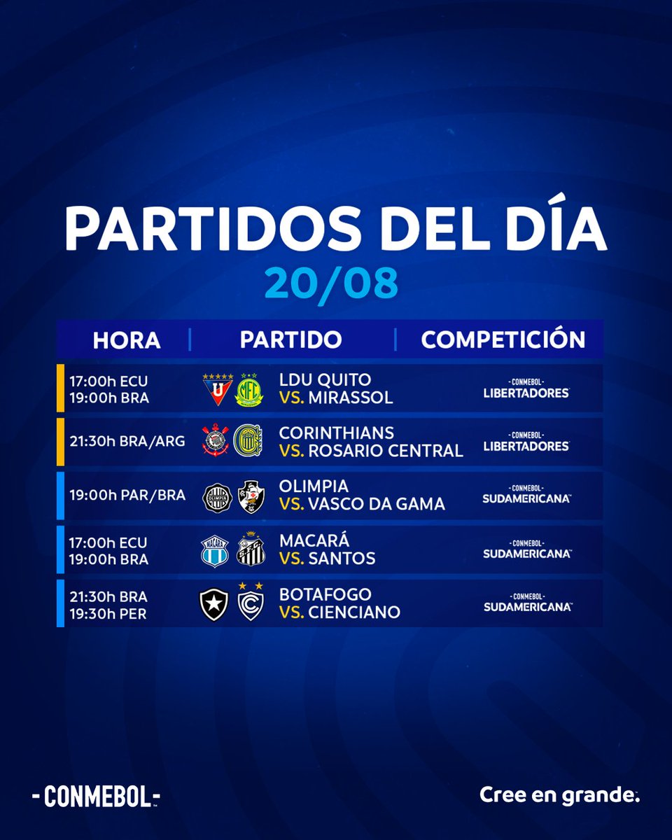 CONMEBOL's tweet photo. ¡A tomar nota! Las propuestas del jueves 🗓️

Anote aí, esses são os jogos desta quinta-feira! ⚽️ https://t.co/TS3F6ii74y