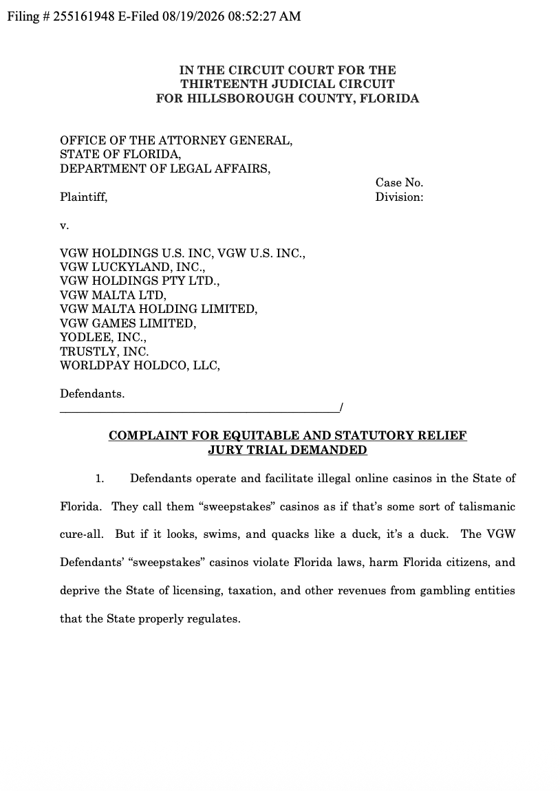 WALLACHLEGAL's tweet photo. BREAKING: The Florida Attorney General has gone after the payment processors that worked with online sweepstakes casino operators VGW and Stake. Among those sued are Worldpay, Trustly, Praxis, and Breeze Labs. The AG is seeking to recover all customer losses from these firms. https://t.co/2cH1A8uhz2