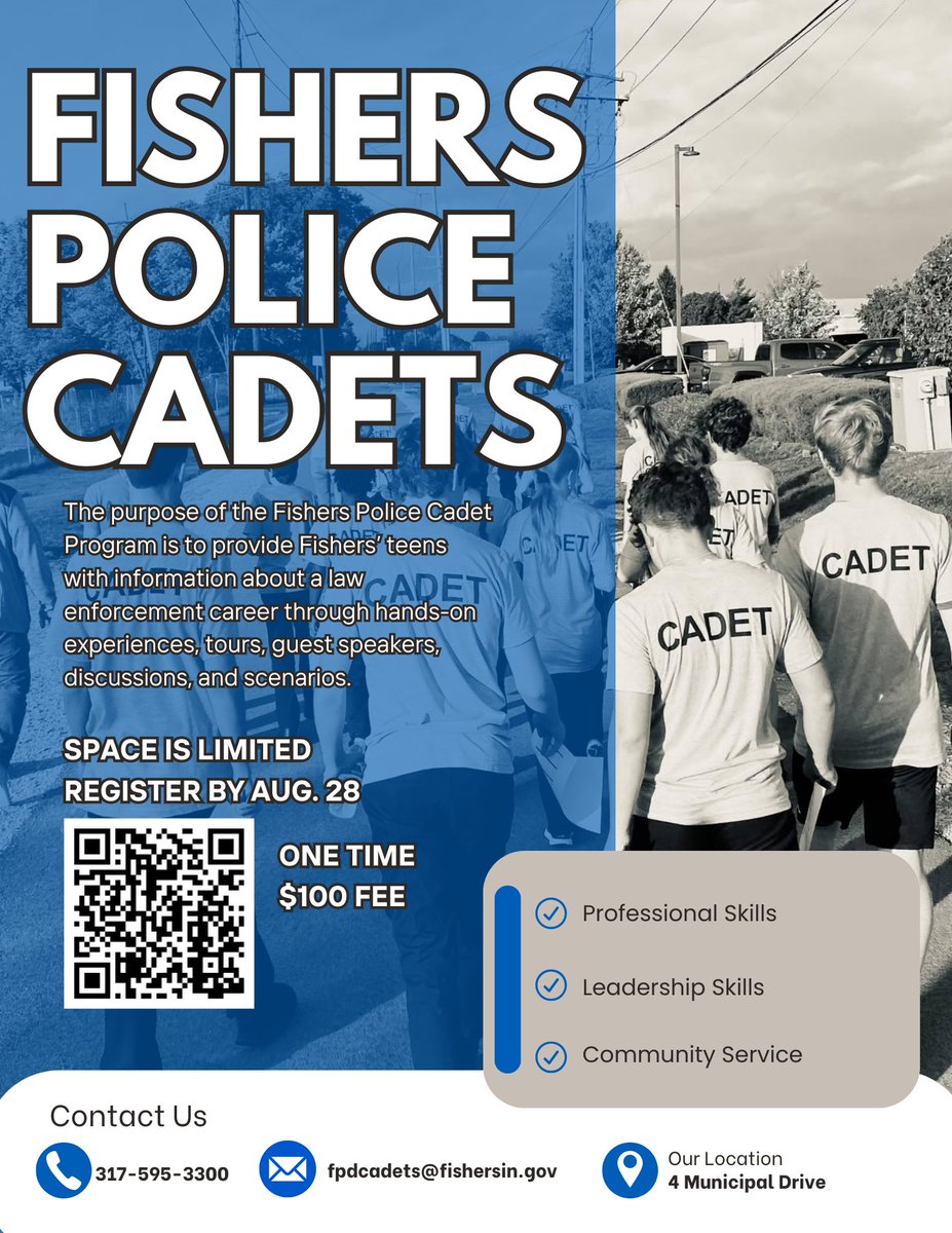Fishers_Police's tweet photo. 🚔 Interested in law enforcement? 👮‍♂️

Are you a Fishers student in grades 8–12? Come see what it’s really like behind the badge!

Join the Fishers Police Department Cadet Program and get a hands-on, behind-the-scenes look at what we do. From leadership and fitness to training, teamwork, and real-world experiences, you’ll learn, grow, and build connections along the way.

We meet twice a month starting in September, end in May, and there’s always something new to experience!

📲 Scan the QR code and fill out the interest form to learn more and get involved!

Your future in law enforcement might start here. 🚔💙