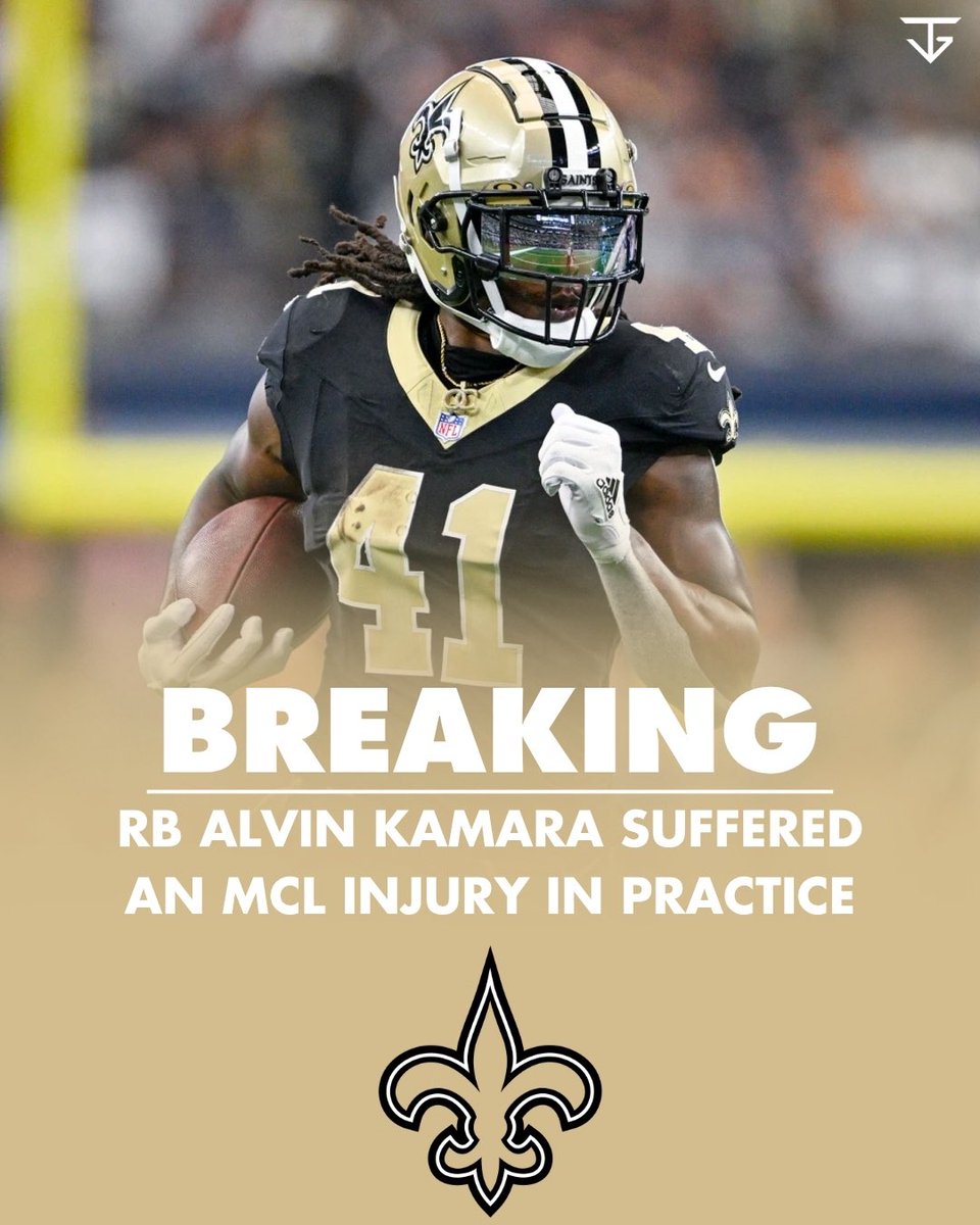 flaccodicaprio's tweet photo. New Orleans #Saints RB Alvin Kamara suffered a sprained MCL in practice on Tuesday and will be sidelined for at least the next month, per @adamschefter.

The Saints play the #Lions on September 13. https://t.co/FBrb8y9UZT
