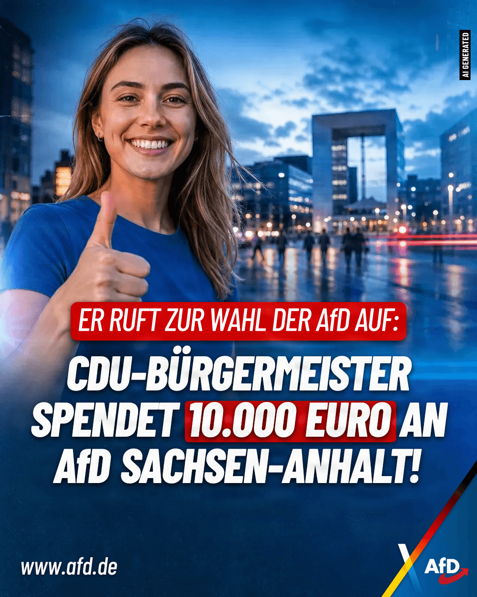 AfD's tweet photo. 10.000 Euro inklusive Wahlempfehlung für die AfD: CDU-Bürgermeister Bernd Prange unterstützt den Wahlkampf der AfD in Sachsen-Anhalt mit einer Spende! Das sagt mehr über den Zustand der CDU aus, als es Merz lieb sein kann. Wir sagen Danke und freuen uns auf die Alleinregierung! https://t.co/7tCcYNTJNp