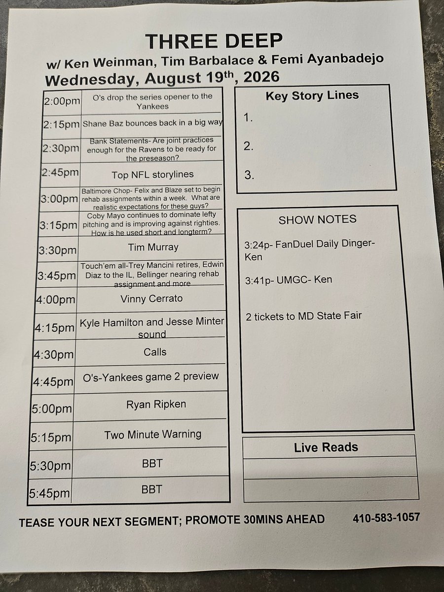 ThreeDeep1057's tweet photo. Orioles drop another tough one last night.  Reinforcements are on the way, but what are realistic expectations for them?  How vital are joint practices with starters not playing preseason?  @1TimMurray at 3:30p, Vinny Cerrato from Minnesota at 4 and @ryanripkenshow at 5! https://t.co/3dchEDGei1