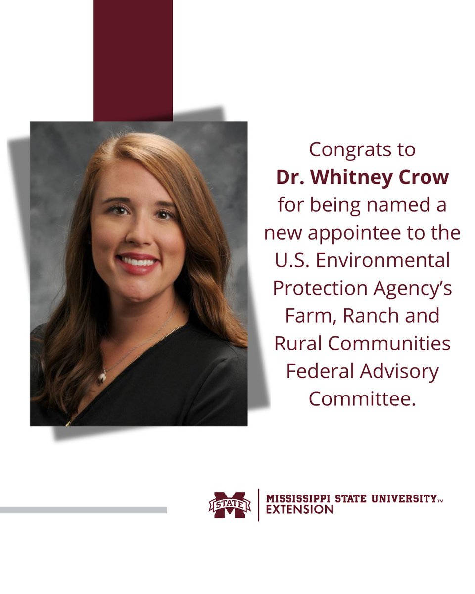 MSUExtService's tweet photo. As a part of this committee, Dr. Whitney Crow will be giving the state’s agriculture sector a voice in national discussions about environmental policy and its impact on farmers and rural areas.
Official announcement: https://t.co/3xGoCUNZZZ
#mscrops #MSUext https://t.co/z8JpD49W63